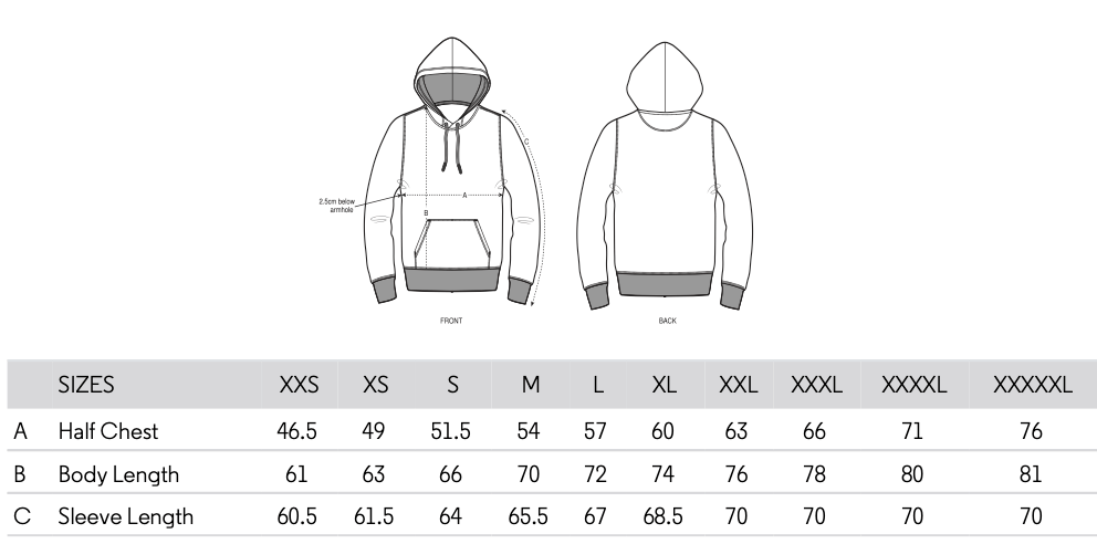 Misfits Inc Organic Cotton Hoodie Size Guide
